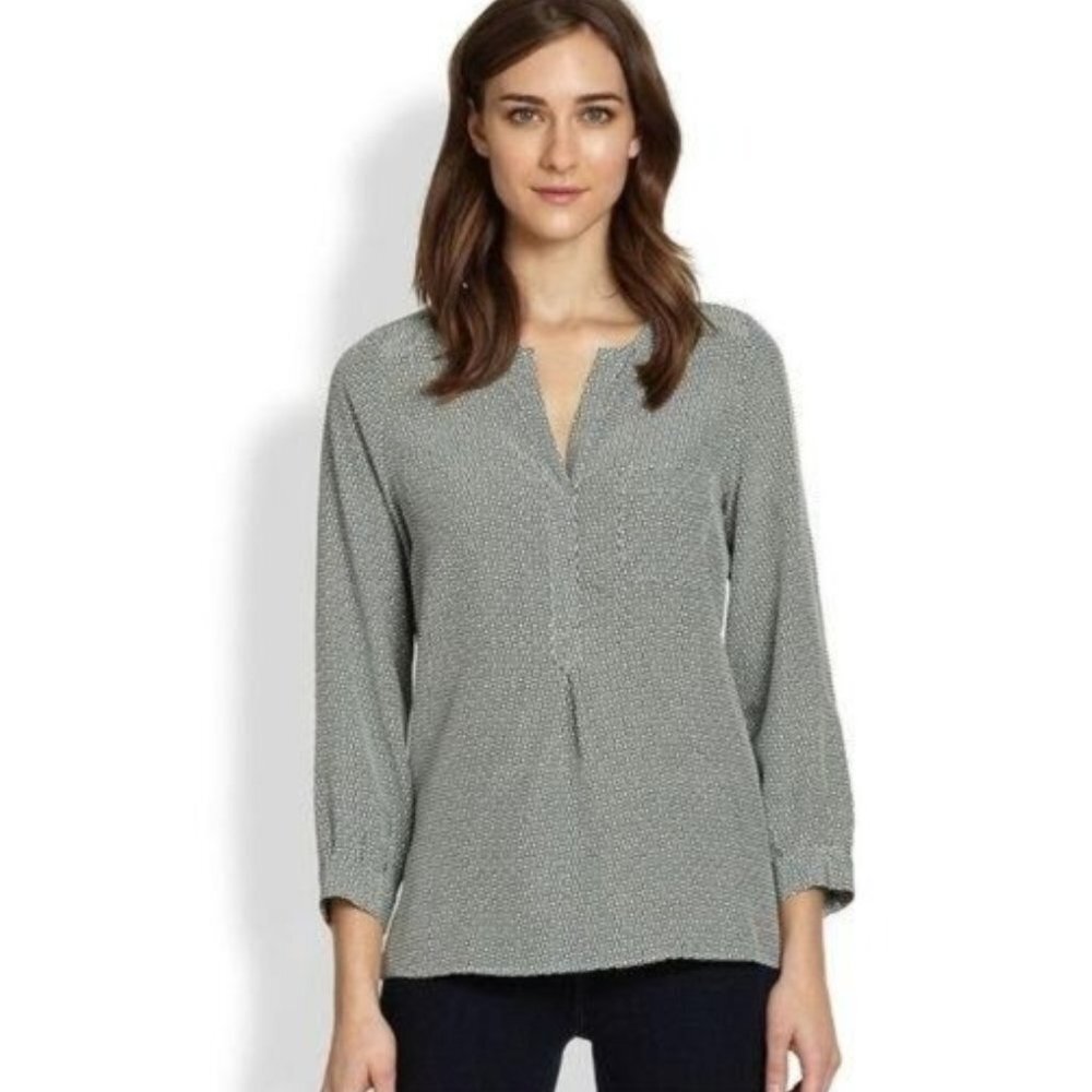 Joie Venicia Silk Split Neck Blouse Camp Green Geometric 1106-23681D Small